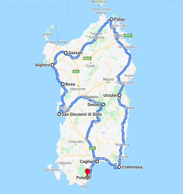 Two Weeks Itinerary of Sardinia Route Map