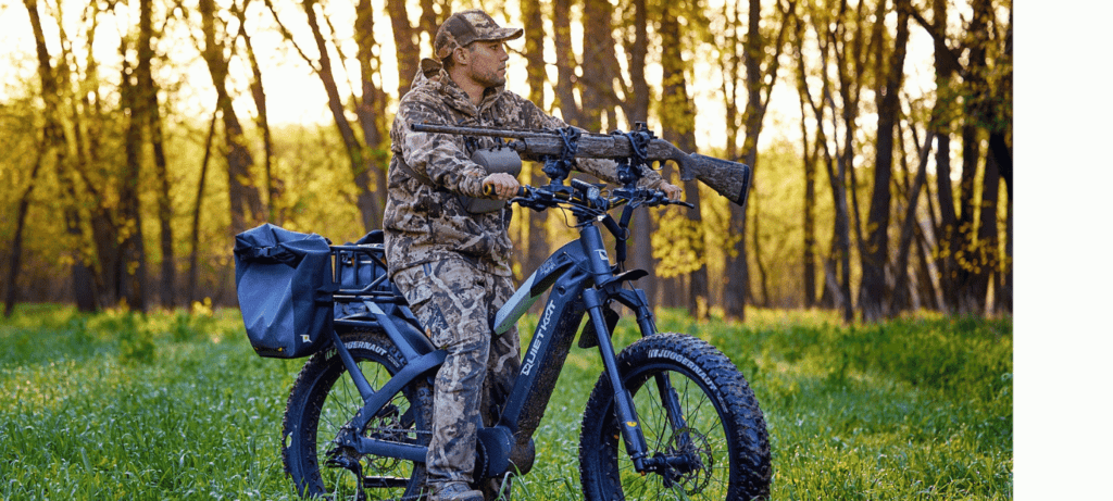 An image of a hunter riding one of the best electric bicycles for hunting 