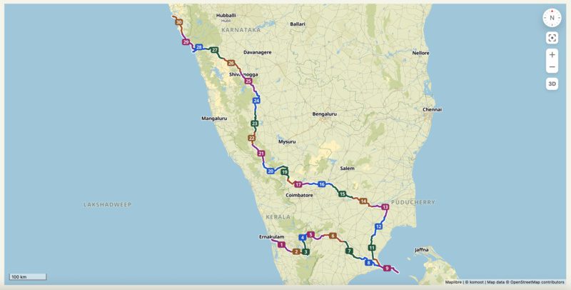 cycling route south india kerala tamil nadu karnataka goa